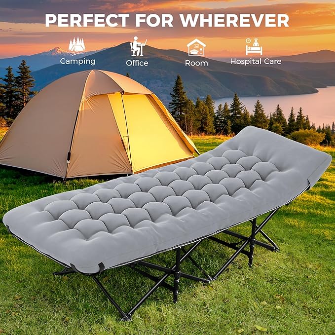 JEAREY Folding Camping Cot for Sleeping, Camping Cots for Adults with Mattress, 1200D Double Layer Oxford Portable Foldable Cot Bed with Carry Bag for for Guest, Travel, Hiking, Light Gray