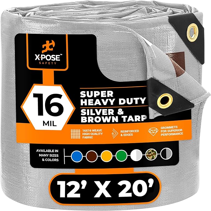 12' x 20' Super Heavy Duty 16 Mil Silver/Brown Poly Tarp Cover - Thick Waterproof, UV Resistant, Rip and Tear Proof Tarpaulin with Grommets and Reinforced Edges - by Xpose Safety