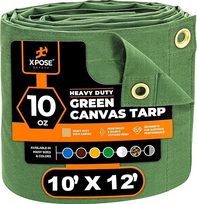 Xpose Safety Canvas Tarp - 10oz Green Canvas Tarps Heavy Duty Water Resistant with Brass Grommets- Multipurpose Outdoor Tarpaulin for Camping, Canopy, Trailer, Equipment Cover 10' x 12'