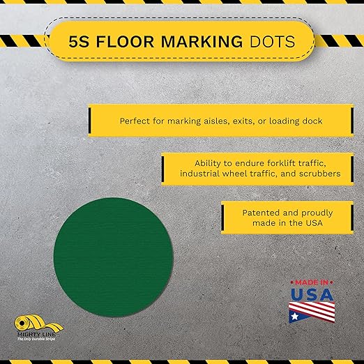 Mighty Line 2.7" Solid Dot Shaped Floor Marking Tape for Safety, Caution, Warning, Heavy-Duty, Peel and Stick, Adhesive Circle Spots, Industrial Quality, Green, Pack of 100