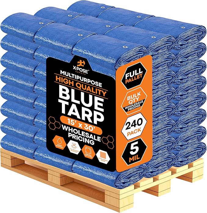 Better Blue Poly Tarp 15' x 30' - Bulk Full Pallet (240 Pack) Multipurpose Protective Cover - Lightweight, Durable, Waterproof, Weather Proof - 5 Mil Thick Polyethylene - by Xpose Safety