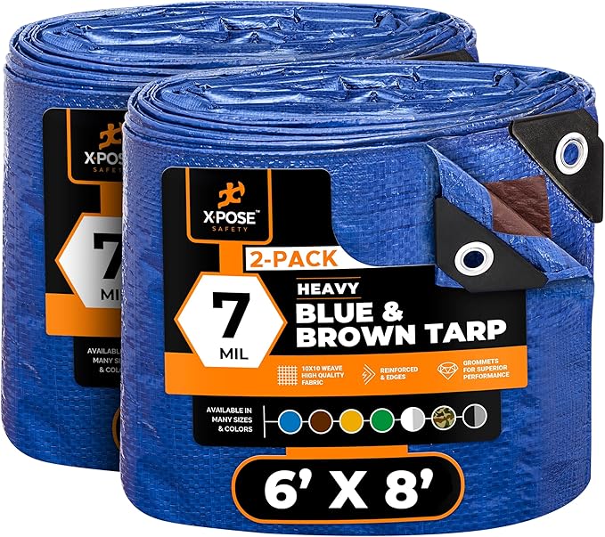 Xpose Safety 6’ x 8’ (2-Pack) Heavy Blue/Brown Tarp - Waterproof - 7 Mil Weatherproof Camping Tarp for Tent, Rain, Wind & Sun - Plastic Tarpaulin Cover Outdoor for Roof, Trailer, RV, Car, Boat