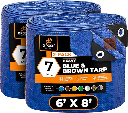 Xpose Safety 6’ x 8’ (2-Pack) Heavy Blue/Brown Tarp - Waterproof - 7 Mil Weatherproof Camping Tarp for Tent, Rain, Wind & Sun - Plastic Tarpaulin Cover Outdoor for Roof, Trailer, RV, Car, Boat