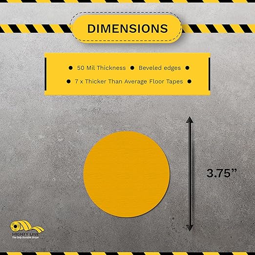 Mighty Line 3.75" Solid Dot Shaped Floor Marking Tape for Safety, Caution, Warning, Heavy-Duty, Peel and Stick, Adhesive Circle Spots, Industrial Quality, Yellow, Pack of 100