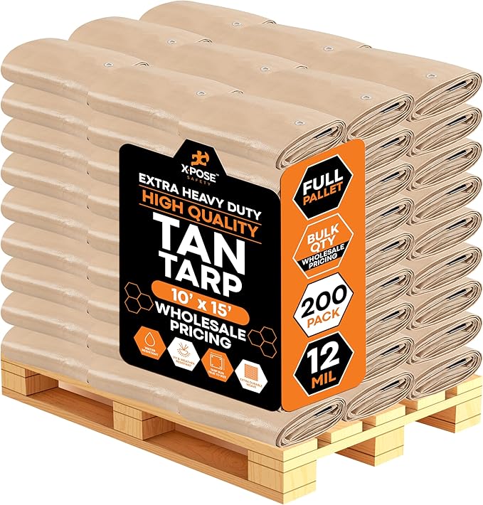 Heavy Duty Tan Poly Tarp 10' X 15' - Bulk Full Pallet (200 Pack) - Multipurpose Protective Cover - Durable, Weather Proof & Tear Resistant - 12 Mil Thick Polyethylene - by Xpose Safety