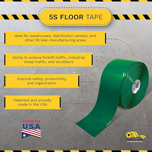 Mighty Line Solid Floor Marking Tape for Safety, Caution, Warning, Heavy-Duty, Peel and Stick Adhesive, Beveled Edge Design, Industrial Quality, 6 inch, 100' Roll, Green