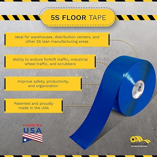 Mighty Line Solid Floor Marking Tape for Safety, Caution, Warning, Heavy-Duty, Peel and Stick Adhesive, Beveled Edge Design, Industrial Quality, 4 inch, 100' Roll, Blue