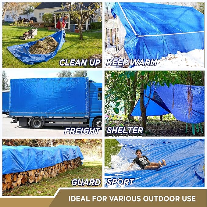 ATERET Multi-Purpose Blue Tarp Cover I Waterproof, 5-Mil Thick Plastic Poly with Grommets Eyes for Secured Tie Down I Great Idea Use for Roof, Camping, Patio, Canopy, Boat, Tent & Camping (12' x 16')
