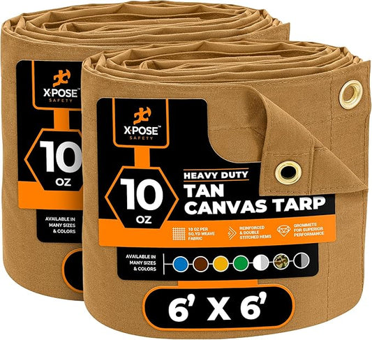 Xpose Safety Canvas Tarp - 10oz Tan Canvas Tarps Heavy Duty Water Resistant with Brass Grommets- Multipurpose Outdoor Tarpaulin for Camping, Canopy, Trailer, Equipment Cover 6' x 6' (2 Pack)