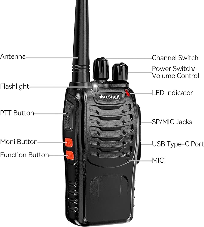 Rechargeable Long Range Two-Way Radios with Earpiece 4 Pack Arcshell AR-5 Walkie Talkies Li-ion Battery and Charger Included