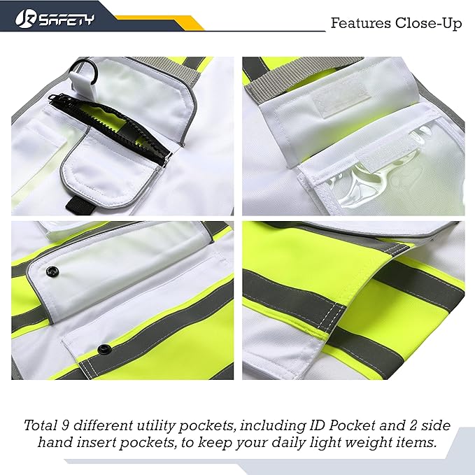 JKSafety 9 Pockets High Visibility Zipper Front Safety Vest | White with Neon Yellow Extended Trims High Reflective Strips | Meets ANSI/ISEA Standards (901-White, 3X-Large)