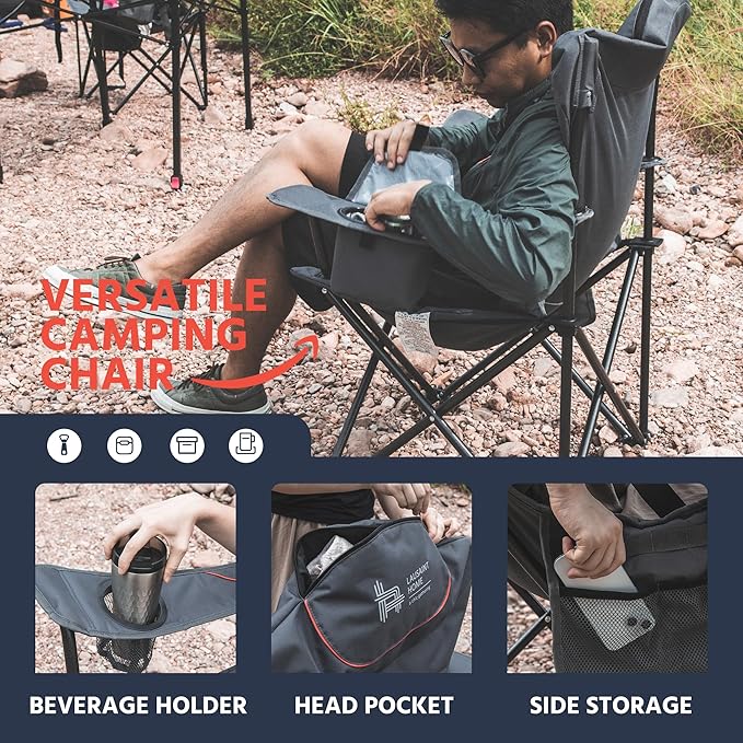 OUTSIDER Folding Camping Chair Heavy Duty Folding Chair 400lbs Oversized Outdoor Chairs with Cup Holder, Cooler Bag, Storage Pocket & Lumbar Support (Style-2, 1pc)