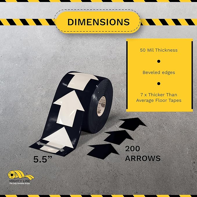 Mighty Line 5.5" Wide Solid Arrows Roll, Directional Sticker Sign Floor Marking Tape for Safety, Caution, Warning, Heavy-Duty, Peel and Stick, Adhesive, Industrial Quality, Black, Pack of 200