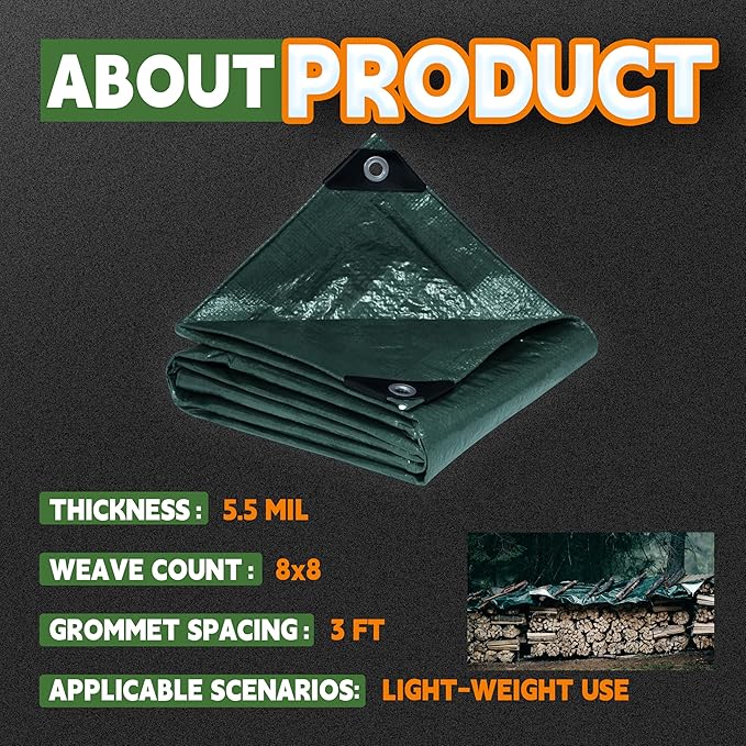 RAINDEWAY Tarps 6x10 Feet,Small Tarp Waterproof,5.5 Mil Thick, Multipurpose Waterproof Poly Tarp Cover with Metal Grommets and Reinforced Edges,Green Tarps