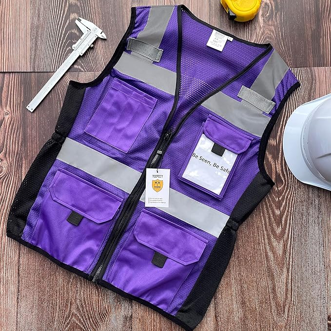 TCCFCCT Safety Vest for Women 11 Pockets Mesh Reflective Vest with Zipper, High Visibility Neon Construction Work Vest for Lady Surveyors/Warehouse, Snug-Fit, Durable, ANSI Compliant, Purple XXL