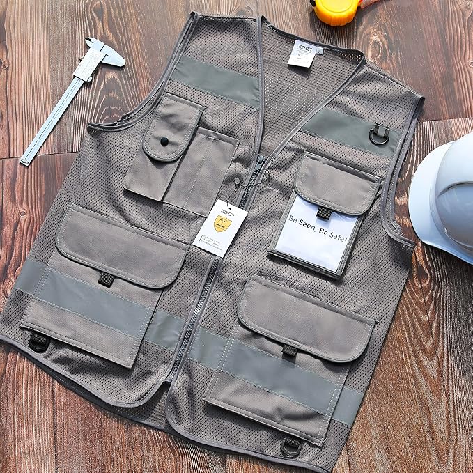 TCCFCCT Mesh Safety Vest for Men Women 9 Pockets High Visibility Reflective Vest for Safety, Work Vest with Reflective Strips, Meets ANSI/ISEA Standards, (Grey, X-Large)