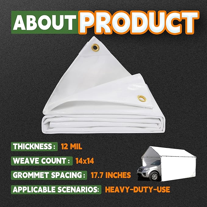 RAINDEWAY 12 Mil Heavy Duty White Tarp 7x10 Feet (2 Pack), UV Resistant, Waterproof, Weatherproof Poly Tarp with Metal Grommets and Reinforced Edges