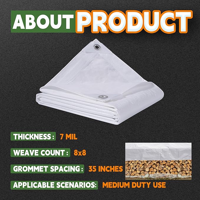 RAINDEWAY Tarps 8x16 Feet Tarp Waterproof,7Mil Thick,Finished Size,UV Resistant,Multipurpose Poly Tarp Cover with Metal Grommets and Reinforced Edges,White Tarps