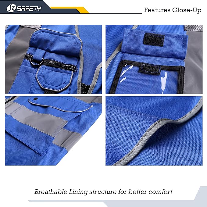 JKSafety 9 Pockets High Visibility Zipper Front Safety Vest With Reflective Strips Meets ANSI/ISEA Standard (150Blue-4XL)