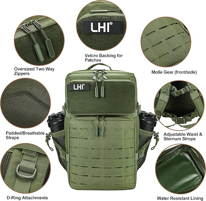 LHI Tactical Military Backpack for Men 25L/45L Large Molle Army Assault Pack 3 Day Hiking Rucksack With Bottle Holder