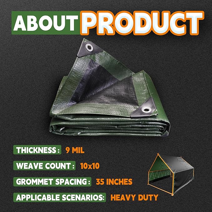 RAINDEWAY Tarps 16x20 Feet,Tarp Waterproof,9Mil Thick,Finished Size,Multipurpose Poly Tarp Cover with Metal Grommets and Reinforced Edges,Green/Black Tarpaulin