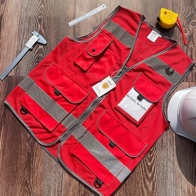 TCCFCCT Mesh Safety Vest for Men Women 9 Pockets High Visibility Reflective Vest for Safety, Work Vest with Reflective Strips, Meets ANSI/ISEA Standards, (Red, X-Large)