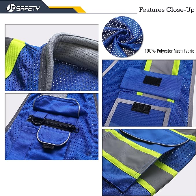 JKSafety 9 Pockets Hi-Vis Safety Vest Breathable Mesh Fabric Cushioned Collar Work Utility PPE Lightweight Industrial Work Gear ANSI/ISEA compliant (101-Blue M)