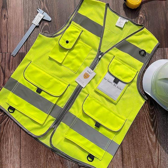 TCCFCCT Mesh Safety Vest 9 Pockets High Visibility Reflective Safety Vest for Men Women, Hi Vis Work Vest with Reflective Strips, Meets ANSI/ISEA Standards, (Yellow, 3X-Large)
