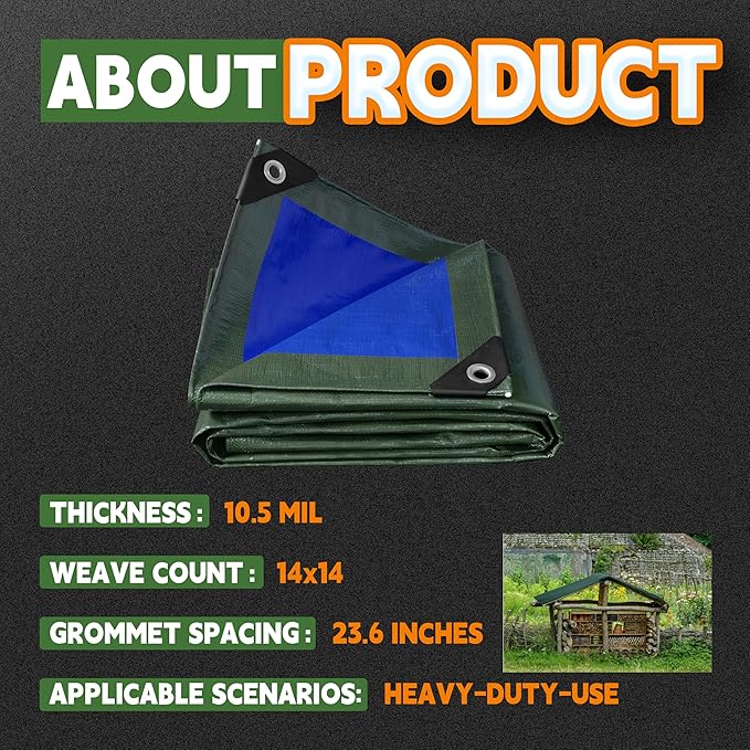 RAINDEWAY Tarps Heavy Duty Waterproof 10x30 Feet,10.5 Mil Waterproof Tarps for Outdoors,Multipurpose Poly Tarp Cover with Metal Grommets and Reinforced Edges,Green/Blue