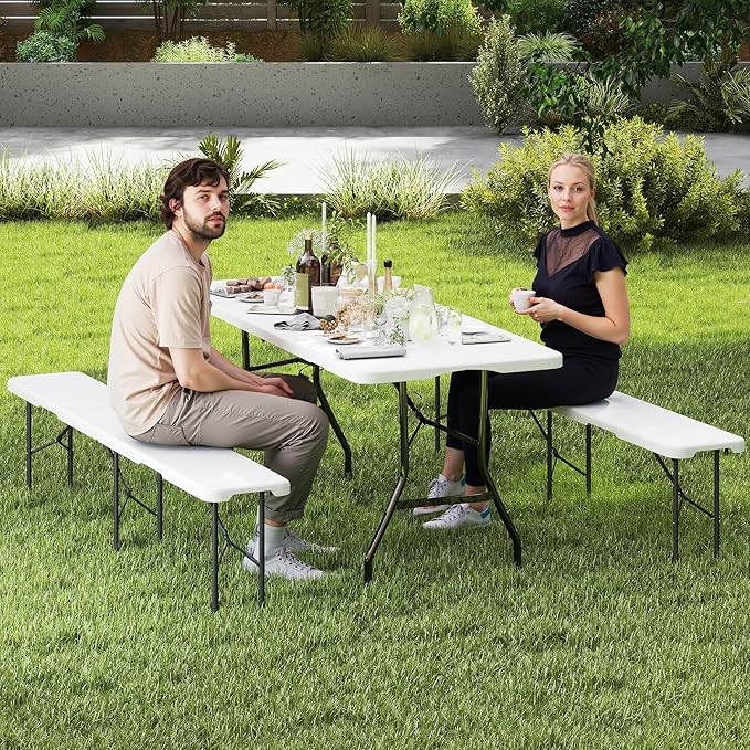 6 FT White Picnic Folding Table Set with 2 Benches, Portable Patio Dining Sets for Backyard, Lawn, Event, Party, Camping