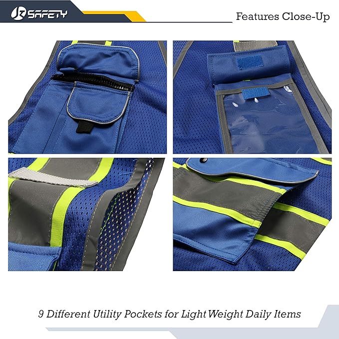 JKSafety 9 Pockets High Visibility Zipper Front MESH Blue Safety Vest | Blue with Dual Tone High Reflective Strips | ANSI/ISEA Standards (100-Blue, XL)