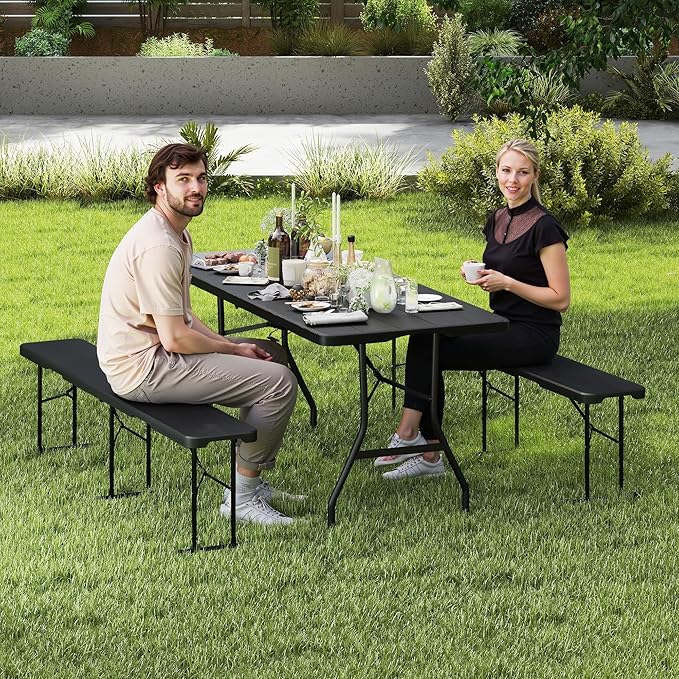 Folding Picnic Table Set with 2 Benches, 6 ft Camping Table Chair Set, 3-Piece Folding Furniture for Indoor or Outdoor Use, W/Handle and Safety Locks,Smooth Tabletop, Black