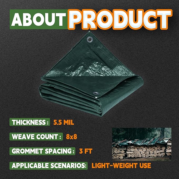RAINDEWAY Tarps 4x4 Feet(2 Pack),Small Tarp Waterproof,5.5 Mil Thick, Multipurpose Waterproof Poly Tarp Cover with Metal Grommets and Reinforced Edges,Green Tarps