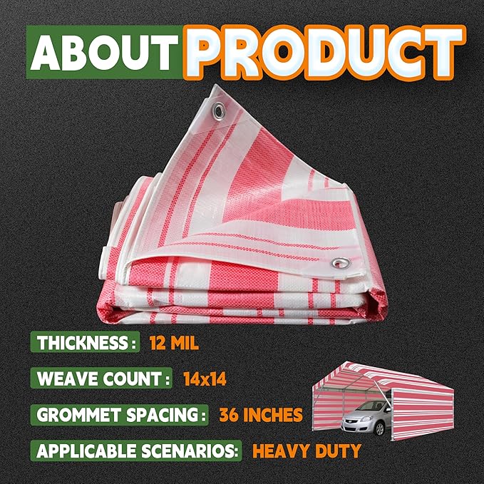 RAINDEWAY Tarps 20x30 Feet,12 Mil Sunshade Striped Tarp Waterproof,Multipurpose Poly Tarp Cover with Grommets and Reinforced Edges,Red/White Tarps