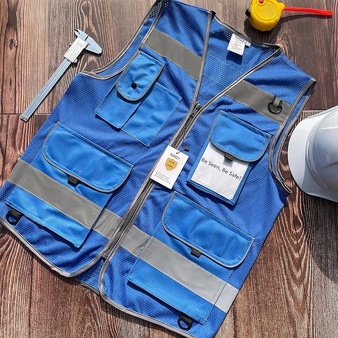 TCCFCCT Mesh Hi Vis Vest 9 Pockets High Visibility Reflective Safety Vest for Men Women, Safety Construction Vest with Reflective Strips, Meets ANSI/ISEA Standards, (Blue, Medium)