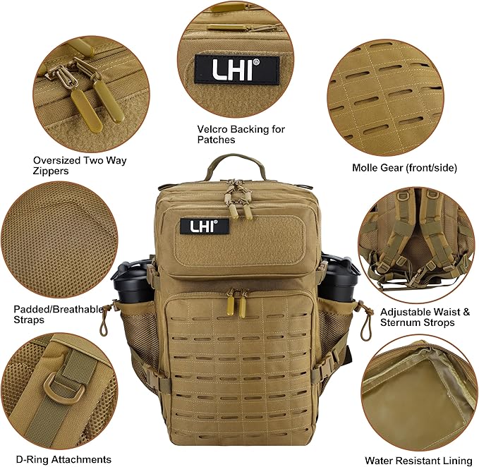 LHI Tactical Military Backpack for Men 25L/45L Large Molle Army Assault Pack 3 Day Hiking Rucksack With Bottle Holder